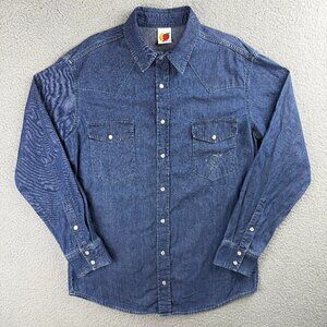 Sky High Farm Shirt Mens Medium M Blue Denim Pearl Snap Collar Polo Button Up